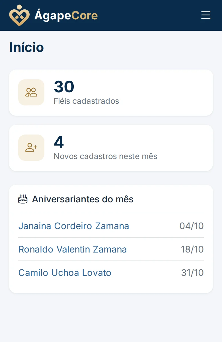 O painel do ÁgapeCore aberto na tela de um celular.