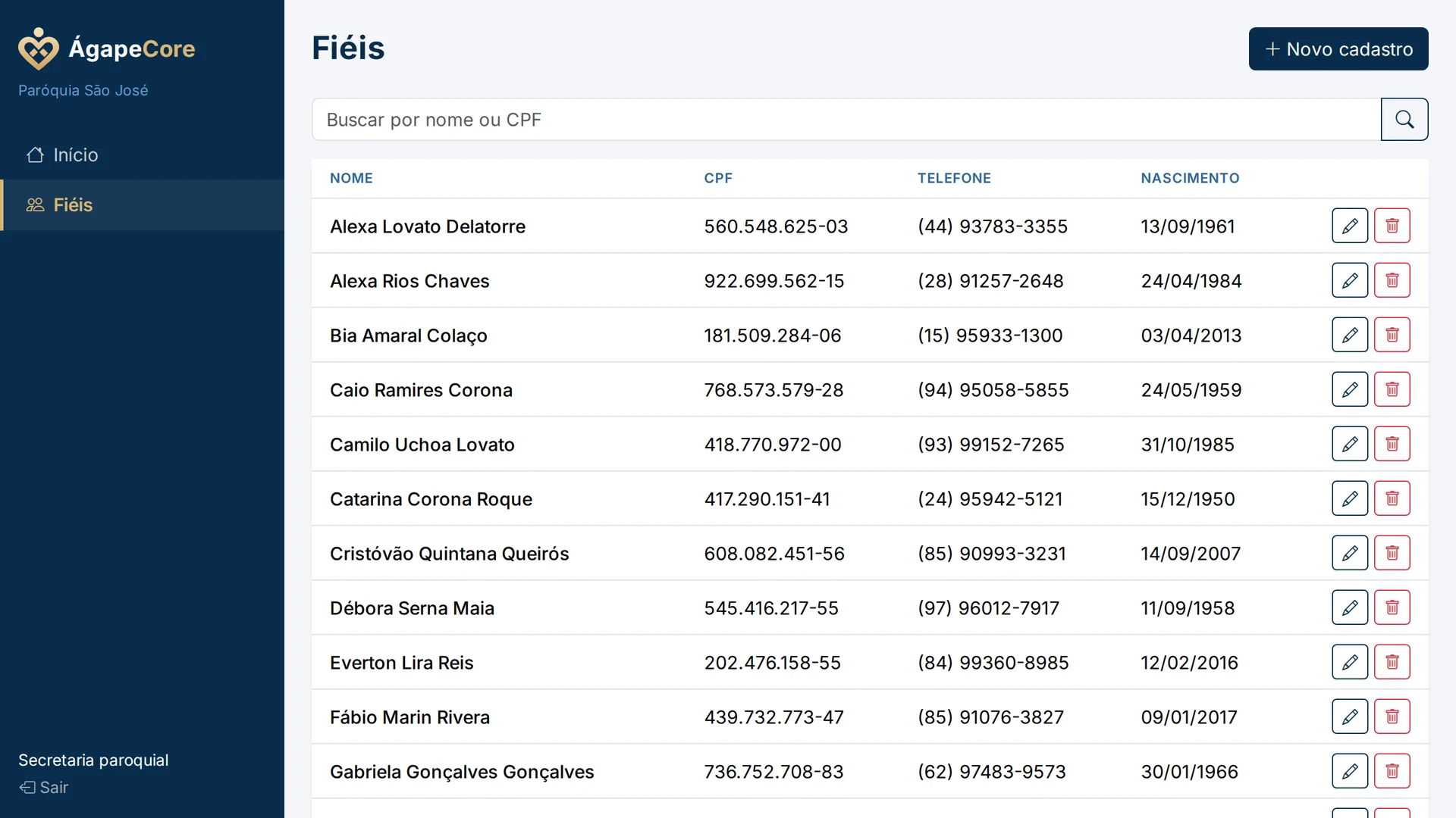 Tela de fiéis do ÁgapeCore: lista com nome, CPF, telefone e data de nascimento, com busca e botão de novo cadastro.